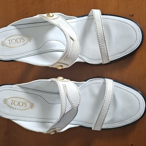 Tod's White Pebble Leather Open Toe Slide Heel Mule Sandals Size 8.5 - Picture 7 of 10